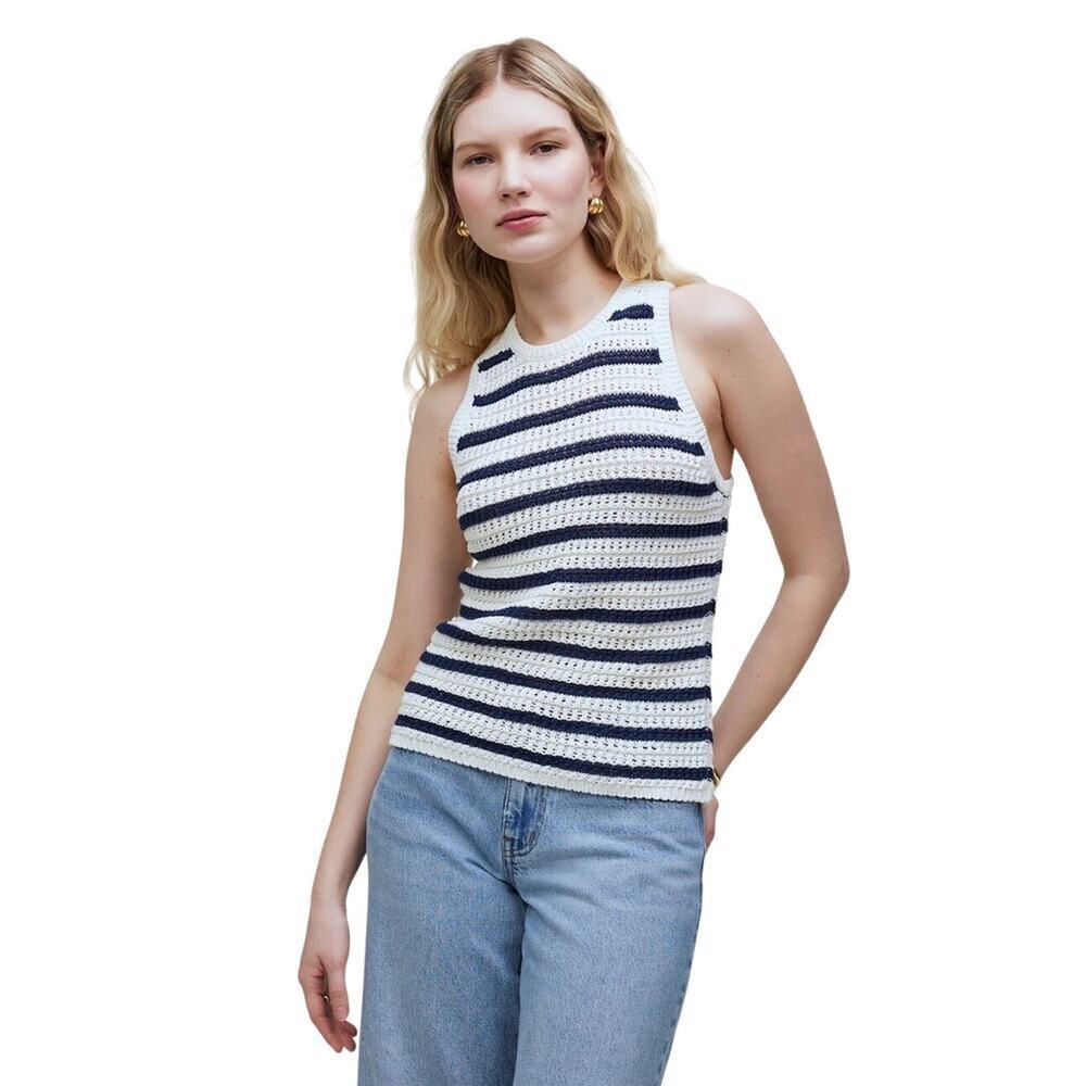 Madewell Crochet Knit Crewneck Sweater Tank XS Navy Ivory Stripe Cotton NWT